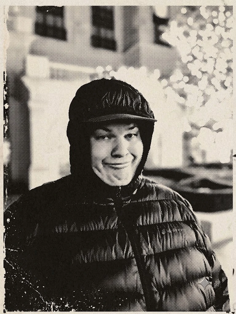 Caden Diderickson in a hooded puffer jacket and cap, smirking at the camera, rendered as a vintage newspaper halftone