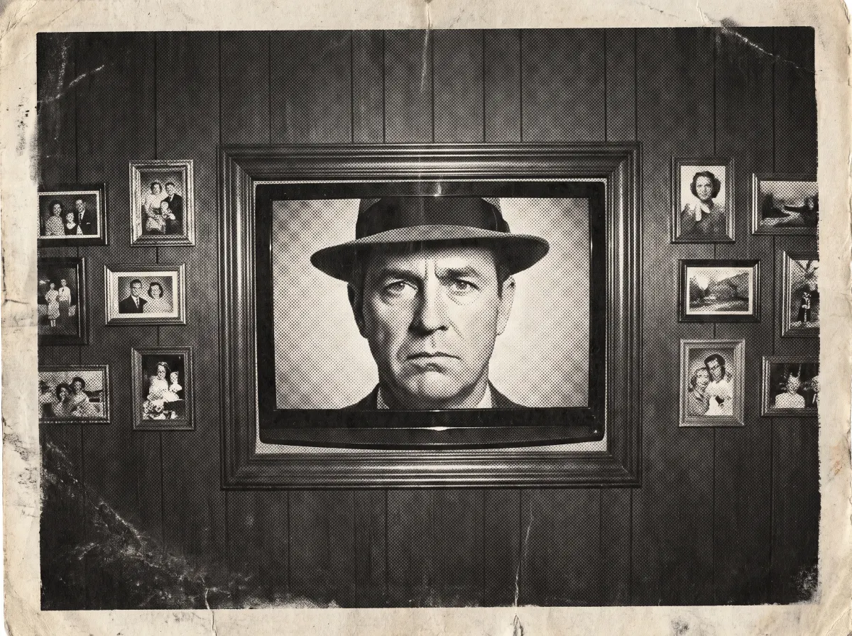 A wood-paneled living room wall with a television mounted among family photo frames, a man's face gazing out from the screen, rendered as a vintage press photo