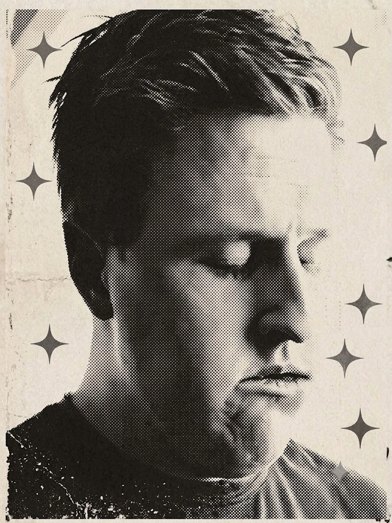 Drake Oldham in profile, eyes lowered in contemplation, rendered as a vintage newspaper halftone with sparkle ornaments